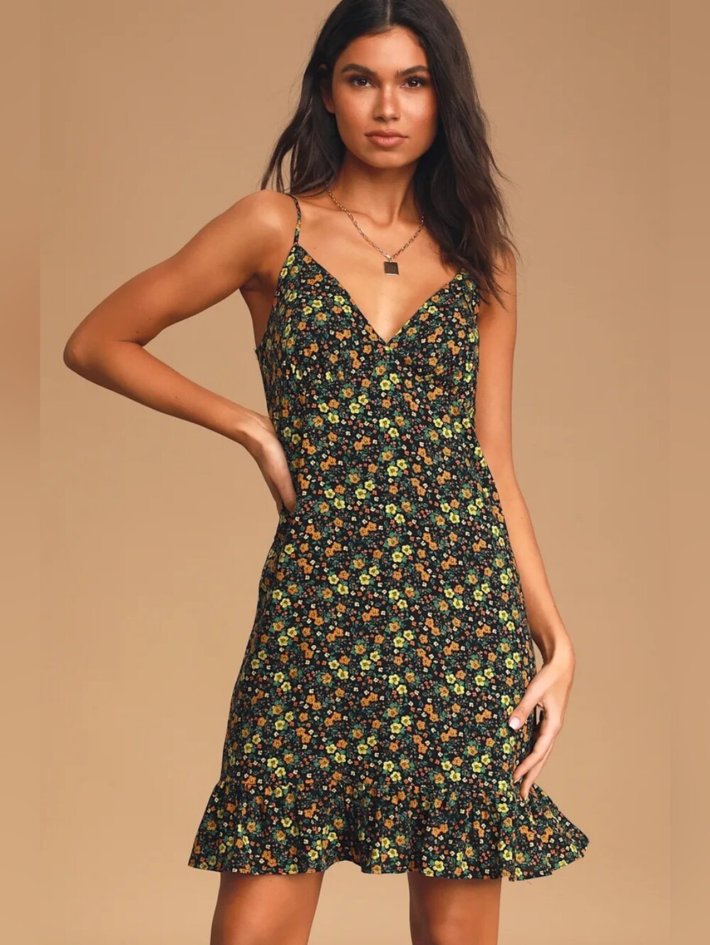 Lulus Here to Dance Black Floral Print Lace-Up Mini Dress Lined Vneck Babydoll L
